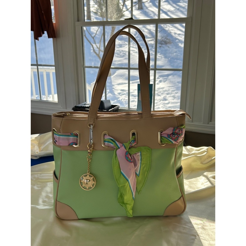 Parazul Tote Purse Bag Leather Tan Lime Green Scarf Wrapped Zipper Top